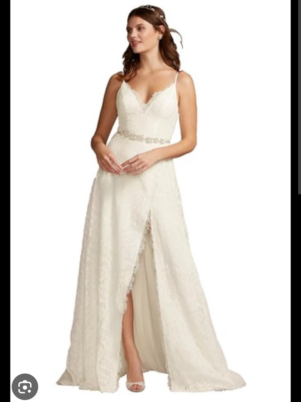 Spaghetti-Strap Ivory Lace Wedding Gown with Beaded Waist